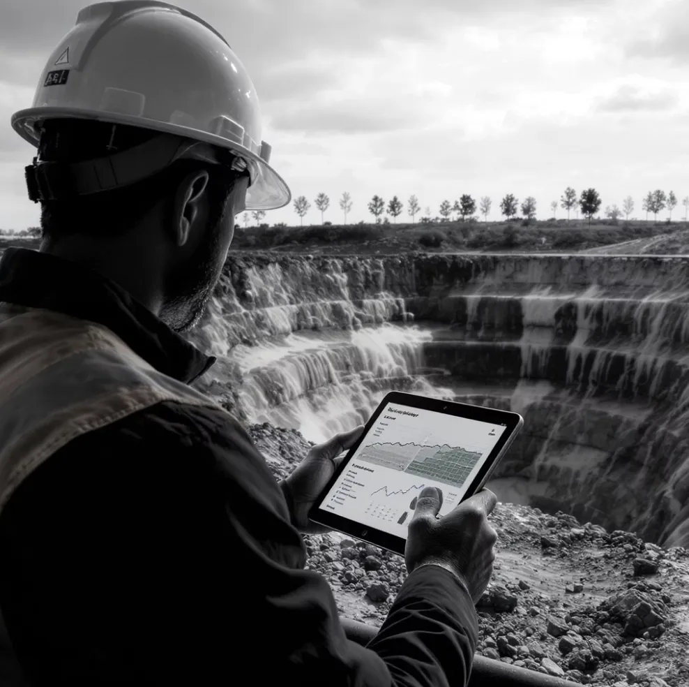 Engineer dengan helm mengoperasikan tablet untuk analisis data di area tambang terbuka
